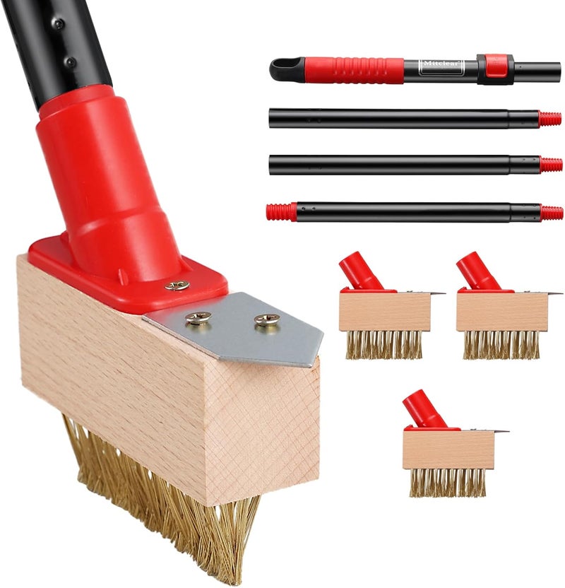 Mitclear Moss Remove Brush with Long Handle(53IN), Deck Crevice Cleaning Tool, Weed Remover with Wire Brush & Metal Blade, Crack Moss Remover for Pavement Driveway Patio Sidewalk Paver(3 Brush Heads) - Image 1